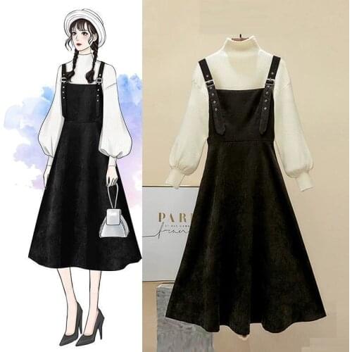 Women 2021 Autumn Winter Dress Set Female Turtleneck Knitted Sweater +Vest Corduroy Sleeveless Vintage Casual Dress Sets C447