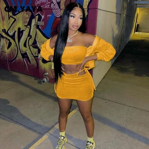 CM.YAYA Women Set Solid Full Seeve Zip Hooded Collar Crop Coats Strapless Vests Mini Skirts 3 Piece Sets Outfits Fall Tracksuits