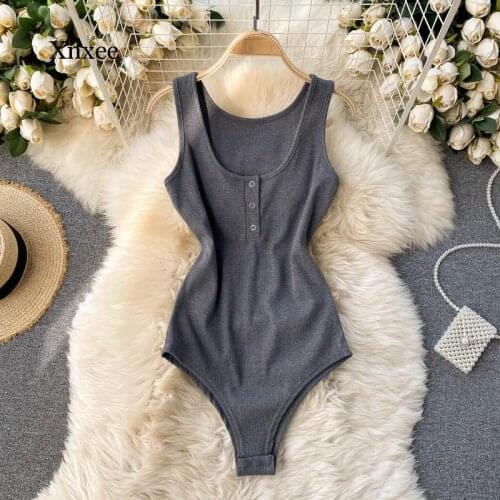 Womens Bodysuit Solid O-Neck Sleeveless Summer Slim Stretch Rib Knit Tank Top Button Up Casual Female Romper Bodysuits Clothing