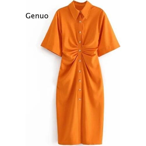 Women Chic Fashion Button-Up Draped Shirt Dress Vintage Short Sleeve Side Zipper Female Dresses Vestidos
