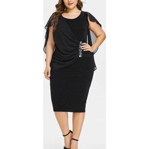 New Fashion Elegant Women Plus Size Cape O-Neck Chiffon Patchwork Double Layer Casual Loose Lady Office Party Midi Pencil Dress