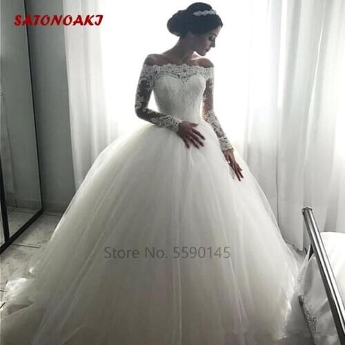 2020 Off Shoulder Long Sleeves Ball Gown Wedding Dress Bateau Neck Tulle Floor Length Elegant Bridal Vestido De Novia Undefined