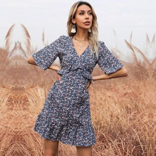 2021 Elegant High Waist Ruffles Summer Dress Women V-Neck Flare Short Sleeves Floral Backlesse Ladies Party Dresses