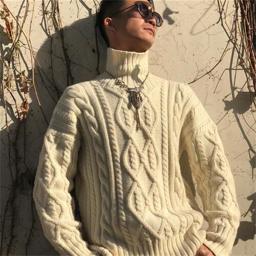 100% hand made pure wool knit men fashion twist striped turtleneck solid pullover sweater customized