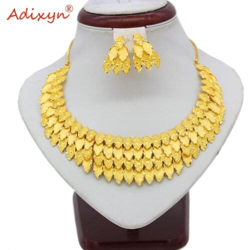 Adixyn New Dubai Leaf Choker Chain Earrings for Women Gold Color Jewelry Sets African/Nigerian Bridal Wedding Accessories Gifts