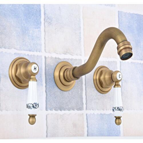 Antique Brass Widespread Wall-Mounted Tub 3 Holes Dual Ceramic Handles Kitchen Bathroom Tub Sink Basin Faucet Mixer Tap asf530