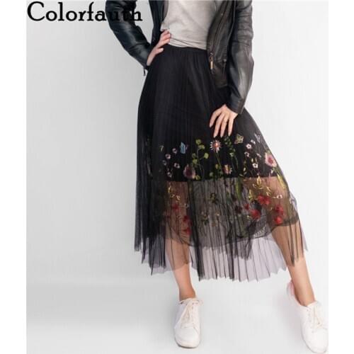 Colorfaith 2019 New Puff Women Mesh Tulle long Skirt Fashion Vintage Pleated Floral Embroidery Elegant Female Tutu Skirts SP043