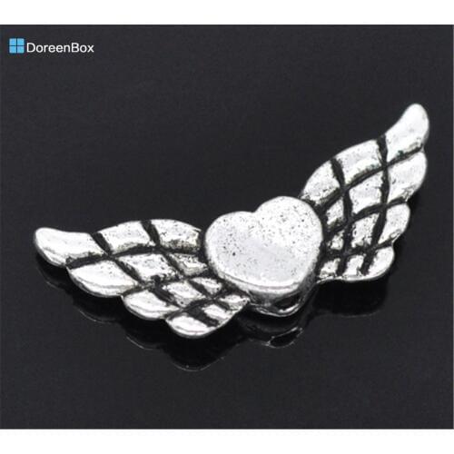 Doreen Box hot- 50 Silver Color Heart& Wing Spacer Beads 22x9mm (B13230)