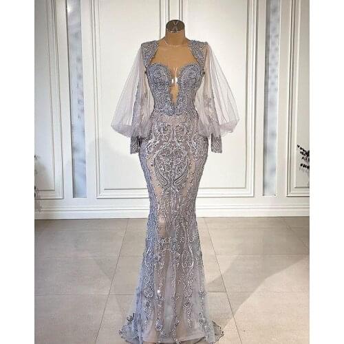 Elegant Mermaid 2021 Prom Dresses Lace Appliqued Beaded Long Sleeves Evening Formal Party Reception Gowns