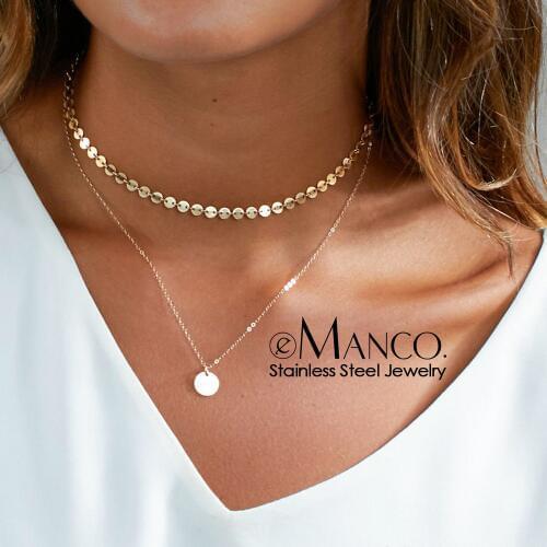 EManco 2 Pcs Layered Necklace women Not Darken Pendant Necklace Real 316L Stainless Steel Necklace for women Chokers Jewelry