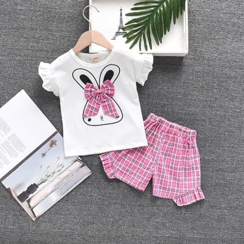 New Summer Baby Girls Clothing Casual Cotton Kids Rabbit Bow T-Shirt Top+Shorts 2pc/Sets Toddler Sports Infant Outfits Clothes