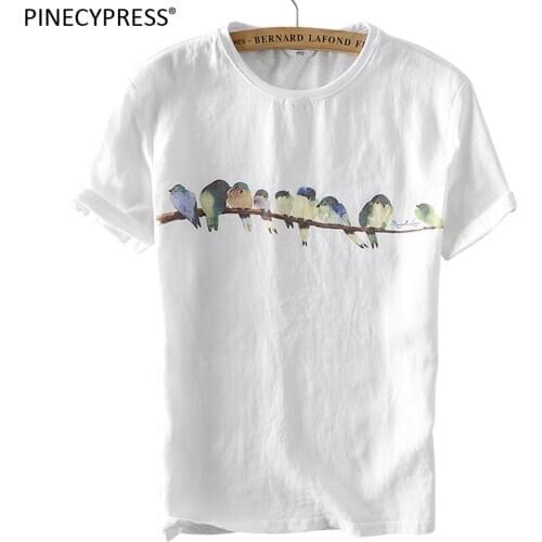 Linen Cotton Cool Breathable Anti-static Men T Shirt Short Sleeve Birds Printing Casual White O-neck Quality Man T-shirts