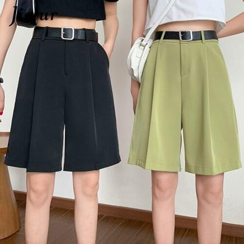 Jielur Korean Style Summer Suit Shorts 2021 New High Waist Fashion Womens Shorts Loose Straight Shorts Harajuku Sashes Femme