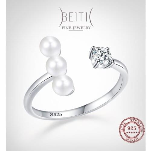 Beitil 925 Sterling Silver Fashion Pearl Open Adjustable CZ Finger Ring For Women Girls Party Accessories Jewelry
