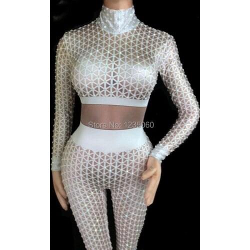 Nightclub Women Dancer Teams Costume Black White 3D Printing Rhinestones Jumpsuit Sexy Bar DJ Singer Jazz Pole Dancing Clothing