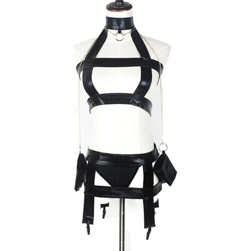 Black Sexy Stretchy Wet Look Cut Out Body Set Catsuit Teddy Clubwear Bodysuit+Handcuffs+Mask+Garter Belt Suspender+Thong New