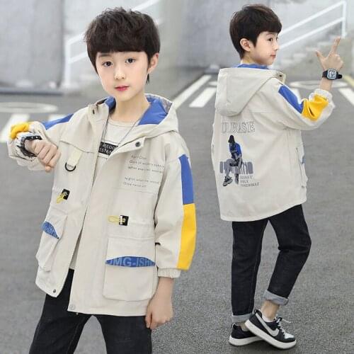 Spring Autumn Jacket For Boys Childrens Coat Fashion Hooded Letters Print Patchwork Outerwear Teenager Clothes 2021 New 120-170