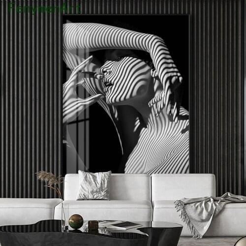 Fashion Black White Woman Canvas Painting Stripe Shadow Girl Poster Print Nordic Character Wall Art Picture Home Room Decor