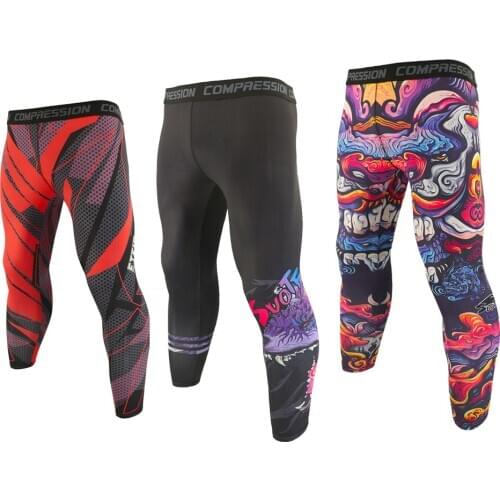 SOTF Men Breathable Quick Dry Print Running Pants Compression Workout Sports Leggings Tight Gym Fitness Jogging Training Trouser
