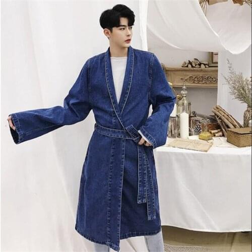 Mens cowboy trench coats men wiatrówka blue roupa homem man clothes loose overcoat long sleeve new designer V collar bandage