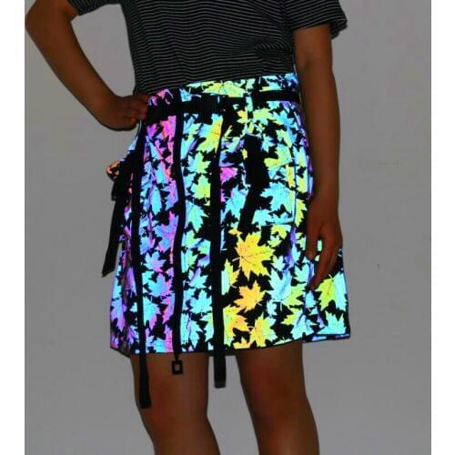 New Women Maple Leaf Colorful Reflective Skirt Europe America Hip Hop Large Size Short Skirt Luminous Ribbon Belt A-line Skirt
