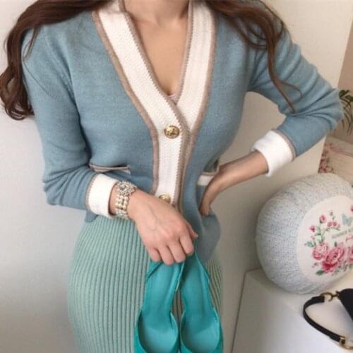 New Autumn Winter Womens Casual V-Neck Single Breasted Knitted Sweaters Ladies Chic Buttons Cardigans Fashion Pocket Knitwears