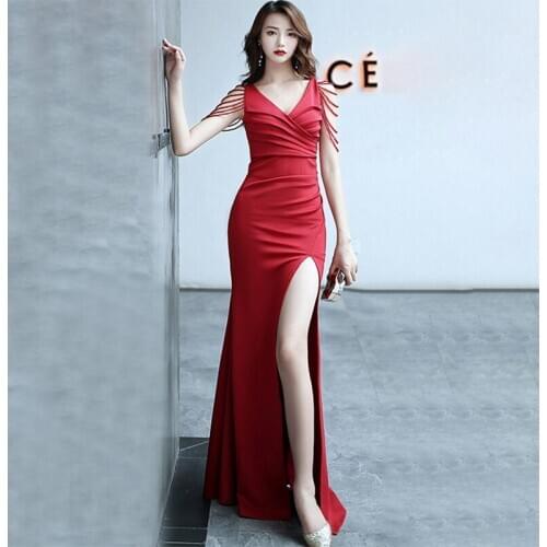 New Evening Dresses V-Neck Sleeveless Elegant Beading Satin Mermaid Floor-length Plus size Customized Woman Formal Dress C058