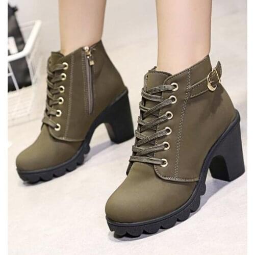 Autumn Winter Leather Boots Pumps Martin Boots Female Cotton Boots Thick Heel Waterproof Platform High Heels Lace-up Short Boots