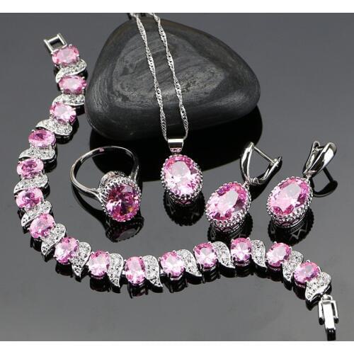 Oval Pink Crystal Zircon Wedding 925 Sterling Silver Jewelry Sets For Women Earrings/Rings/Bracelet/Necklace/Pendant Free Box