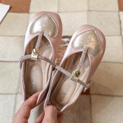 Girls Princess Shoes New High Quality Little Girl Foreign Style Love Diamond Shoes T-band Dance Flat Sole Shoes 1-6 Years