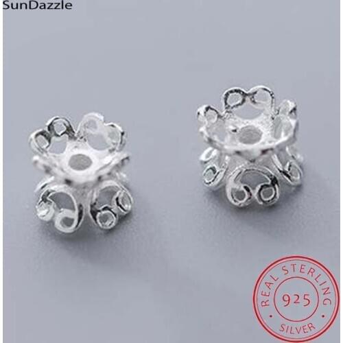 Real Solid 925 Sterling Silver Double Side Flower Bead Caps Connector Double Side End Bead Cap for DIY Jewelry Making Findings