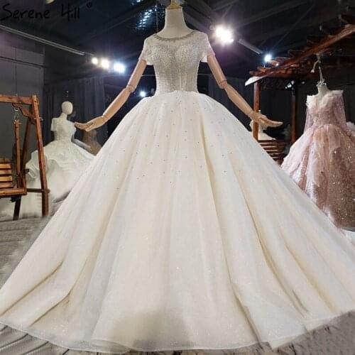 Serene Hill Champagne Short Sleeves Wedding Dress 2020 Dubai Sparkle Beading Sexy Bridal Gown Custom Made CHX0301