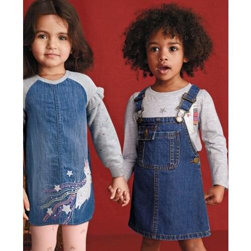 Spring Toddler Girl Unicorn Denim Dresses Kids Cotton Frocks Baby Girl Contrast Color Christmas Outfits Boutique Clothes 2Y-7Y