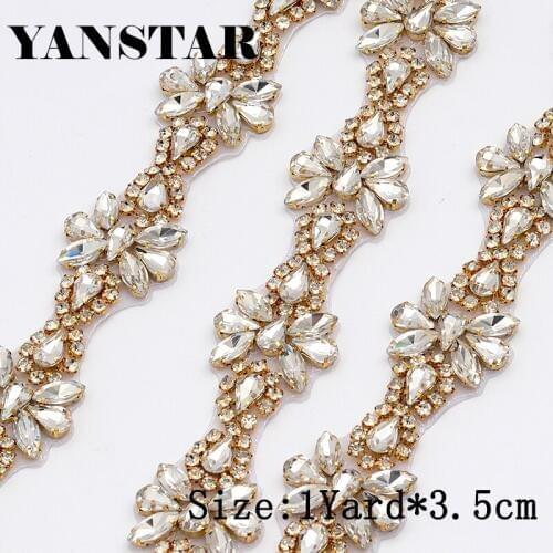 YANSTAR Wholesale 3.5CM*10Yards Rhinestone Applique For Bridal Belt Clear Crystal Applique Trim Iron On Bridal Dress YS974