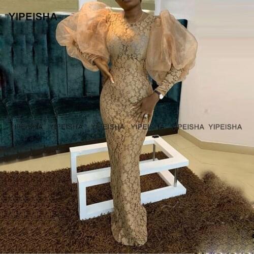 Yipeisha Gold Lace Evening Dresses Jewel Full Sleeves Mermaid Prom Party Gown African Formal Banquet Dress Robe de Soiree