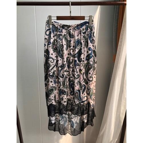 Women Skirt 2020 Retro Print Stitching Lace Short Front and Back Long Elastic Waist Skirt