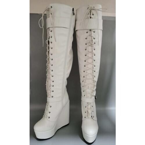 ASHIOFU 2020 New Womens Boots Real Photos Wedges Heel Sexy Party Prom Dress Shoes Evening Shoelace Fashion Winter Knee-hi Boots