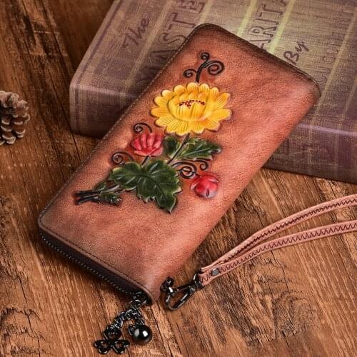 Genuine Leather Women Wallet Wrist Purse Handy Bag Embossed Multi-Cards Rose Pattern Natural Skin Female Long Zipper Clutch Bags