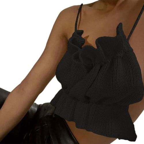 Women Summer Sleeveless Knitted Crop Top Sexy Ruffles Trim Ruched Backless Camisole Off Shoulder Bandage Beach Tank Top