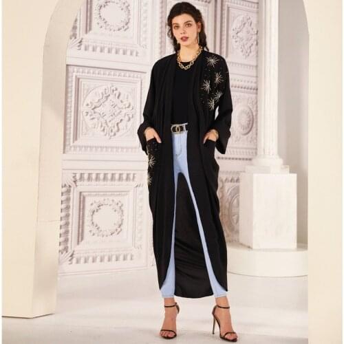 Women Muslim Beaded Kaftan Open Abaya Kimono Cardigan Dubai Turkey Robe Islam Clothes Hijab Dress with Pockets American Modesty