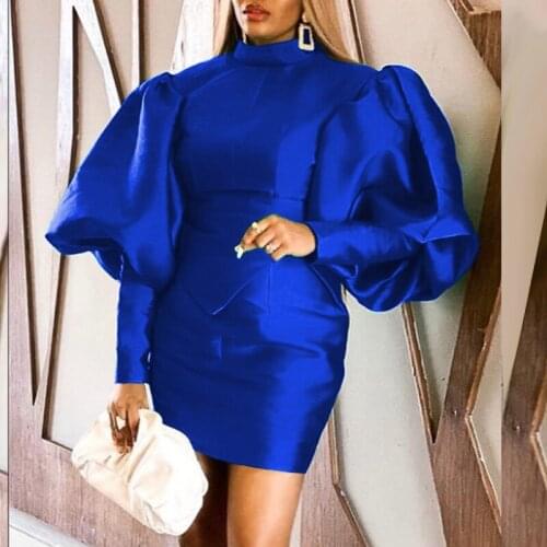 Women Solid Dress Lantern Dress High Collar Slim Dresses Sexy Elastic Female Clothing Office Lady Outfit Party New Robes S-3XL