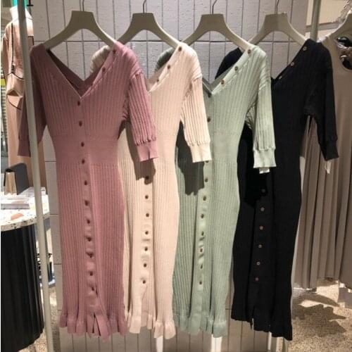 Japanese Style Elegant Temperament Dress Women V-neck Half Sleeve Slim Fit Knit Dresses A-Line Soft Chic Button Femme Vestidos