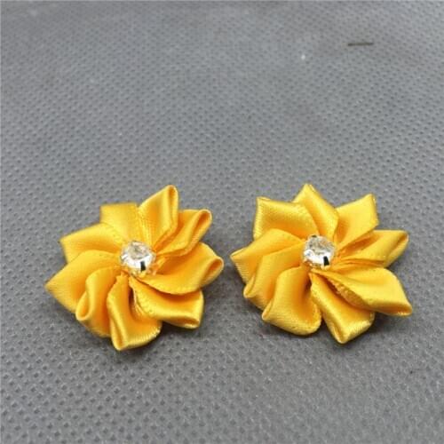 50pcs Satin Ribbon Flower with Crystal Bead Appliques yellow
