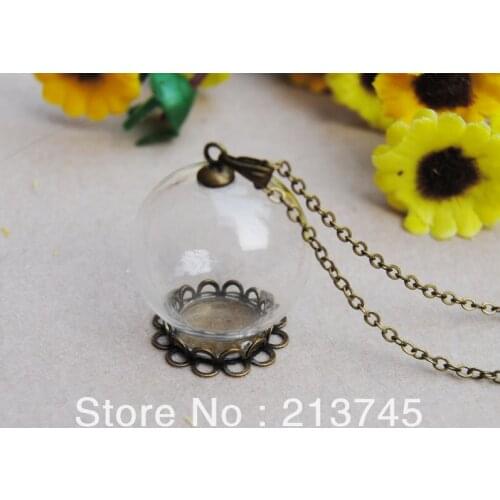 Free ship!!! 25*15mm Glass globe & double lace setting base & 6mm bronze cap & Neckalce set DIY glass vial pendant