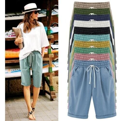 Large Size Summer Short pants Women Solid Pocket Elastic High Waist Cotton Casual Female Five pants Plus Size 8xl