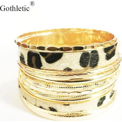 Gothletic 10pcs/Lot Gold-color Texture Metal Bracelets & Bangles Multilayer Leopard Indian Bangle Set 68MM Women Fashion Jewelry