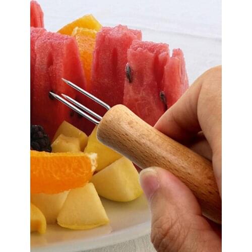 Wooden Handle BBQ Corn Fork Roasting Stick Heat-resistant Stainless Steel Food Forks Holder For Picnic Camping Barbecue Skewers