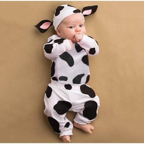 0-2Y Infant Baby Boys Girls Long Sleeve Cartoon Dairy Cow Printed T-Shirt+ Pants+Hat Outfits Cotton Infant Cartoon Costume New