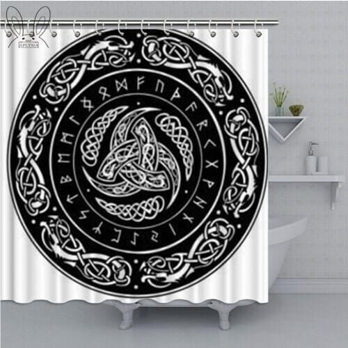 Shower Curtain Norse Triple Horn of Odin Decorated with Scandinavic Ornaments and Runes Mythology Waterproof Polyester Shower