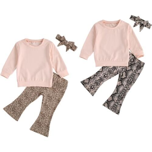 FOCUSNORM 0-3Y Spring Autumn Baby Girls Clothes Sets 3pcs Long Sleeve Pullover Solid Sweatshirt Tops Snakeskin/Leopard Pants